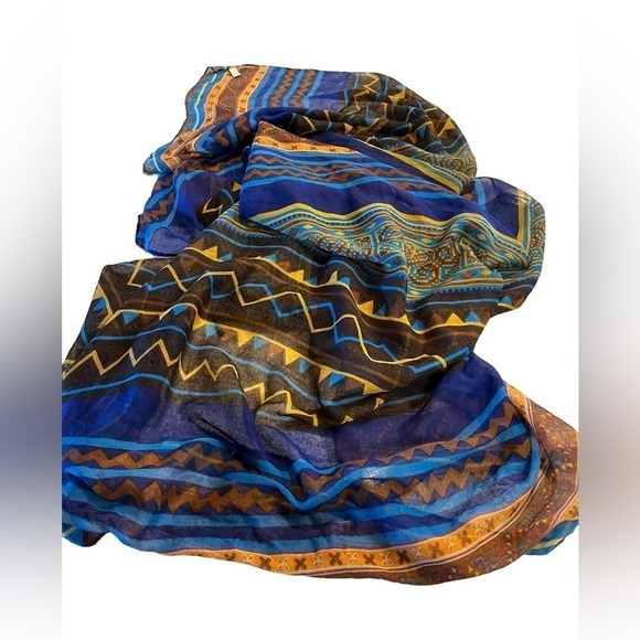 Vibrant Oversized Scarf Wrap Shawl Sarong Cover-Up Blue and Brown - Picture 4 of 7